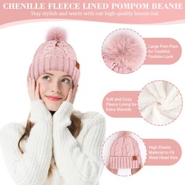 ZASFOU Women's Winter Hat Scarf Touchscreen Gloves Set Thermal Chenille Knitted Hat Beanie Winter Hat Scarves Winter Scarf Winter Gloves Gift for Women, pink