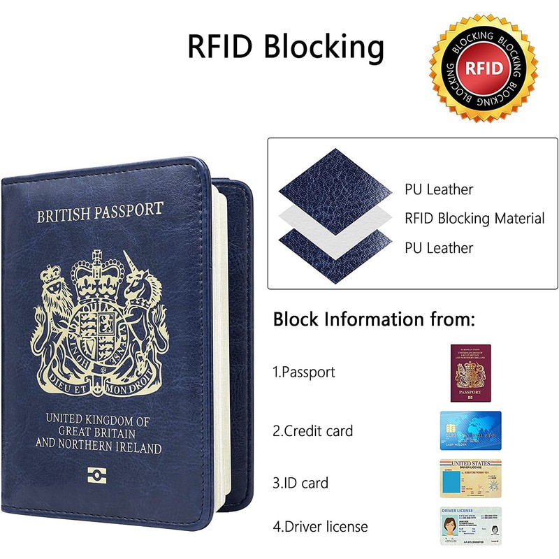 MOIRENTO UK Passport Cover Holders Protector PU Leather Navy Blue