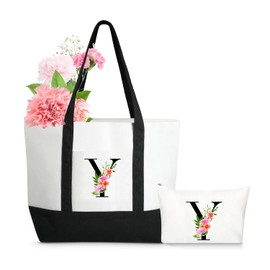 Sanuurfky Initial Canvas Tote Bag for Women, Letter Makeup Bag Monogrammed Present Bag Gift for Bridesmaids Mom Mother Girl Birthday Wedding Holiday Shopping Travel Beach Christmas Day ﻿