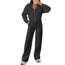 ANRABESS Women 2 Piece Outfits Sweatsuit Zip Up Crop Hoodies SweatPants Lounge Matching Sweat Set 2024 Winter Trendy Clothes Black Small