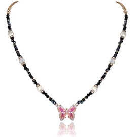 NEKOL Bohemian Butterfly Beaded Choker Necklace for Women Black Glass Beads Pendant Necklace with Charm Cool Y2K Butterfly Statement Necklace Adjustable Boho Summer Beach Party Jewelry Gift for Women