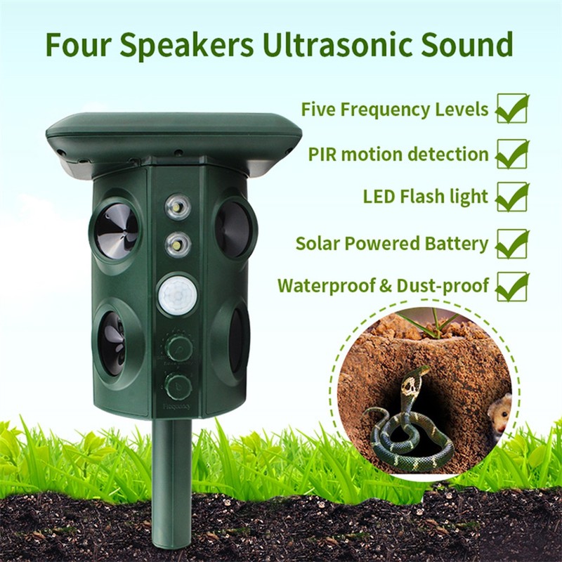 Solar Ultrasonic Animal Pest Repeller Outdoor Four Speakers Mechanical Wave