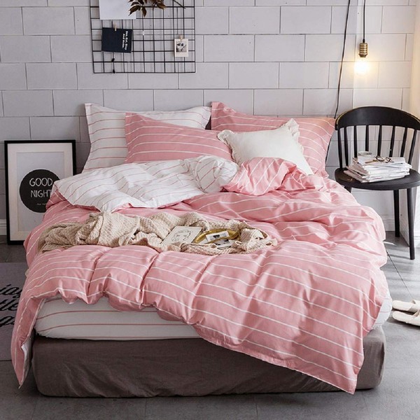 Pink Comforter Cover Twin Size Girls White Stripe Decor Bedding Set, Simple Fashion Style Duvet Cover, Soft Microfiber Reversible Bedspread, 2 Pieces Kids Boys Women Modern Quilt Cover, No Comforter