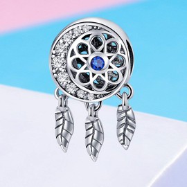 Genuine 925 Sterling Silver Dangle Colour Crystal Dream Catcher Charms for Bracelets and Necklace Birthday Mother's Day Gift (B)