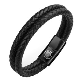 Casisto.J Men's Leather Bracelet Stainless Steel Engraved Black Braided with Magnetic Clasp, Stainless Steel