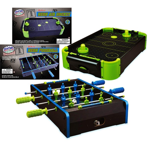 Matty's Toy Stop Deluxe 20" Wooden Tabletop NEON Air Hockey (Extra Pucks) & NEON Foosball (Soccer) (Extra Balls) Games Gift Set Bundle - 2 Pack