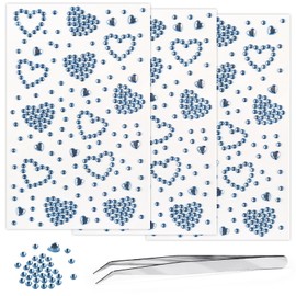 3 Sheers Self Adhesive Face Gems Blue Acrylic Heart Rhinestone Sticker Hair Face Jewels Sticker Sparkly Crystal Pearls for Hair Eye Face Body Nails Crafts Decoration