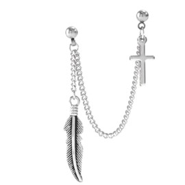 1pcs Double Ball Piercing Chain Dangle Drop Stud Earrings Spike Leaf Circle Two Holes Men Women Girls Cartilage Stainless Steel Punk Climber Crawler Tassel Dangling Gifts for Birthday (Leaf and Cross)