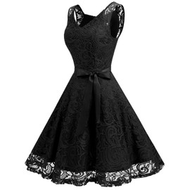 Dressystar 0010 Women Floral Lace Bridesmaid Party Dress Short Prom Dress V Neck Black L