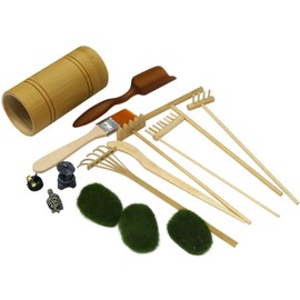 Mini Zen Garden Rake Tool - Tabletop Meditation Rock Sand Garden Kits with Moss Rakes Brusher Spoon Figurines Holder