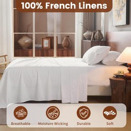 Overket 100% Linen Sheets King Size,Breathable & Durable 4-Piece Bed Flax Sheet Set,Soft All-Season Bedding for Hot Sleepers 16" Deep Pocket Oeko-TEX Certified,（King, White）