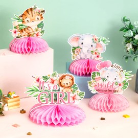 Jungle Safari Baby Shower Decorations for Girl, Jungle Animals Honeycomb Centerpieces, Pink Jungle Animal Theme It’s a Girl Welcome Baby Honeycomb for Jungle Theme Baby Shower Decorations