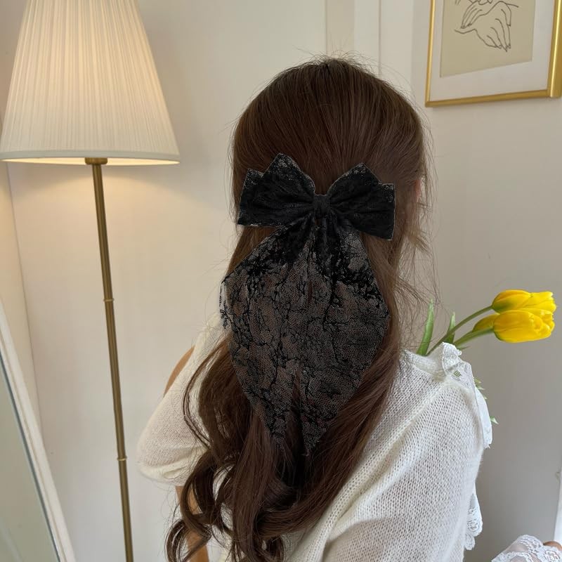 Black Hair Bow Clips With Long Tail Lace Hair Barrette