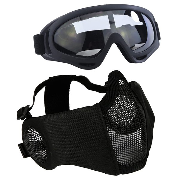 Aoutacc Airsoft Ear Protection Kit with Half Mesh Mask and Goggles for CS Hunting Paintball Shooting Black