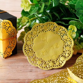 caralin 50Pcs 3.5 Inch Hollow Floral Round Lace Paper Doilies Party Gold Placemat Paper, As Pic Shows