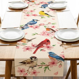 Uruney Spring Summer Birds Flower Table Runner, Cherry Blossom Cardinal Blue Jay Goldfinch Kitchen Dining Table Decoration, Robin Sparrow Burlap Indoor Outdoor Home Decor Party Supply 13 x 72 Inches