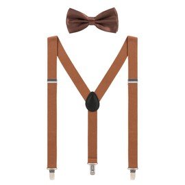 Grade Code Mens Suspenders and Bow Tie Set Adjustable Elastic Clip On Suspenders for Wedding, Brown, Suspender and Bowtie Set