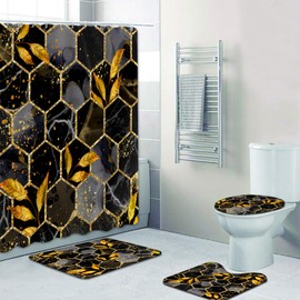 NEWSUYAA,4 Pcs Geometric Honeycomb Marble Bathtub Curtain Bath Decor with Mat Marble Shower Curtains with Rugs Bathroom Decorations Sets,U Shape Carpets and Toilet Lid Cover (Black)