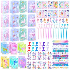FACLJSSX 84 PCS Mermaid Party Favor, Mermaid Party Bags, Gift Bags Tattoos Stickers Slap Bracelet Stickers Notebooks Pens Erasers for Birthday Mermaid Theme Party Gifts Bags