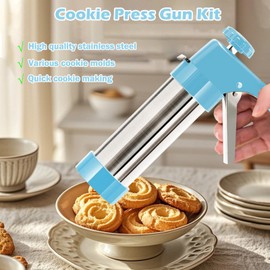 Hendiy Cookie Press, Cookie Press Gun Kit Stainless Steel Cookies Maker with 13 Cookies Discs and 8 Piping Tips for Baking