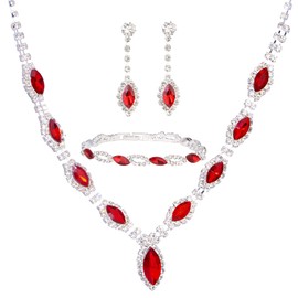 3 Piece Jewelry Set for Women - Red Ruby Marquise Rhinestone Austrian Crystal Bridal Bride Bridesmaids Statement Necklace Dangle Earrings Link Bangle Bracelet for Wedding Prom Party Costume Jewelry