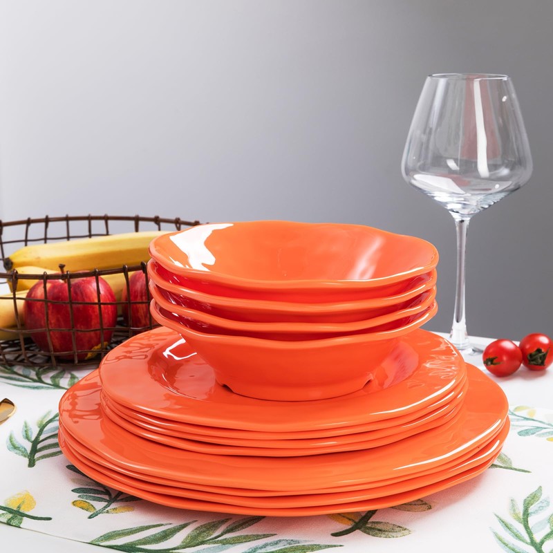 LEHAHA Orange Melamine Dinnerware Set, 12 Piece Kitchen Tableware Plates