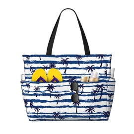 Owlfder Large Beach Bag for Women Tropical Palm Wave Print Waterproof Foldable Travel Shoulder Tote Bag with Pocket for Weekender Pool Vacation