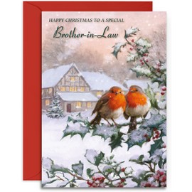 Brother in Law Christmas Card - Two Robins - Medium Sized Card (A5 Size -148mm x 210mm) with Envelope