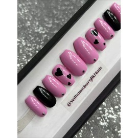 Handmade 🖤 CUSTOM Gel Press On Nails, HOT PINK W BLING ,Coffin Short ,10p Set W/ kit NEW