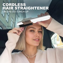Cordless Hair Straightener Brush, Mini Portable Straightening Brush for Travel, USB Rechargeable Negative Ion Hot Comb Straightener for Lightweight Carry, Handbag Storage, Touch Up, Busy Commute