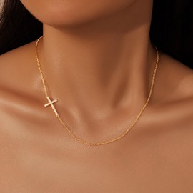 Poxtex Gold Sideways Cross Necklace Cubic Zirconia for Womens Simple 14K Jewelry Necklace Gifts