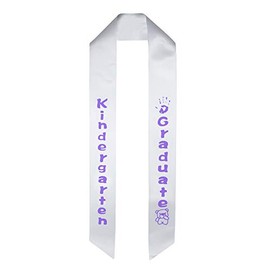 GraduatePro 2023 Kindergarten Graduation Sash White Satin Printed with Bear and Palm for Kids Purple