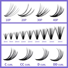 Individual Lashes DIY Eyelash Clusters 300PCS C/D Curl Lash Clusters Comfortable Cat Eye Lashes Super Soft Reusable Wispy Lashes Lash Clusters(300PCS-40D-0.07DD,8-16mm Mixed Tray)