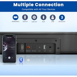 BESTISAN Sound Bars for TV, PC, Gaming, Monitor, 50 Watts Sound Bar with Bluetooth 5.0/HDMI ARC/Optical/Sub Out/AUX/USB Connections, 3 Audio Modes, Bass Adjustable, 16 Inch, Wall Mountable (Black)