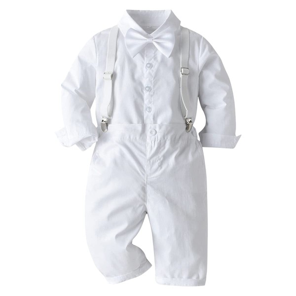 Toddler Baptism Outfits for Boys Baby Dedication Christening Outfit Dress Shirt Bowtie Suspenders Pants Infant Wedding Tuxedo Gentleman Christmas Matching Family Easter Outfits All White 6-12 Months