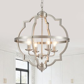 Majhoiw 17.7" Brushed Nickel Chandelier Modern Farmhouse 4-Light Rustic Pendant Lighting Fixtures Height Adjustable for Dining Room Living Room Bedroom Kitchen Island Home Office