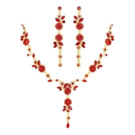 Flyonce Floral Jewelry Sets for Women, Wedding Guest Dresses Accessories Brides Bridal Rhinestone Crystal Flower Leaf Vine Pendant Necklace Long Dangle Earrings Set for Prom Party Red Gold-Tone