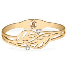 LONYOO Dainty 18K Gold Leaf Bracelet Bangle Stainless Steel Charm Matching Bracelets for Women Girls Gifts Leaves Jewellery, Stainless Steel, Rhinestone