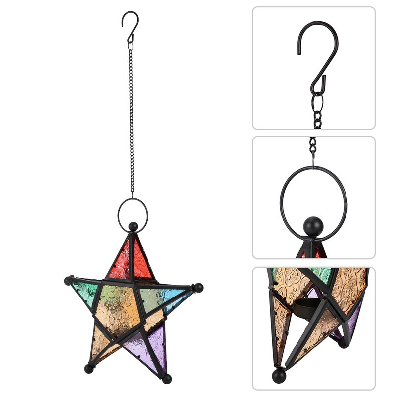 Moroco Iron Style Coloured Glasses Lantern Garden Outdoor Terrace Ornament(Black)