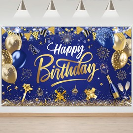 Mocsicka Happy Birthday Banner Blue and Gold Happy Birthday Backdrops Glitter Birthday Party Decorations Photo Background for Men Women (Blue and Gold)