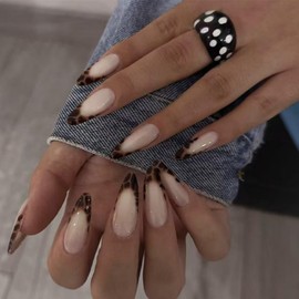 Leopard French Tip Press on Nails Medium Stiletto Fake Nails Glossy False Nails with Design Brown Glue on Nails Artificial Acrylic Nail Full Cover Nude Stick on Nails for Women Manicure 24Pcs