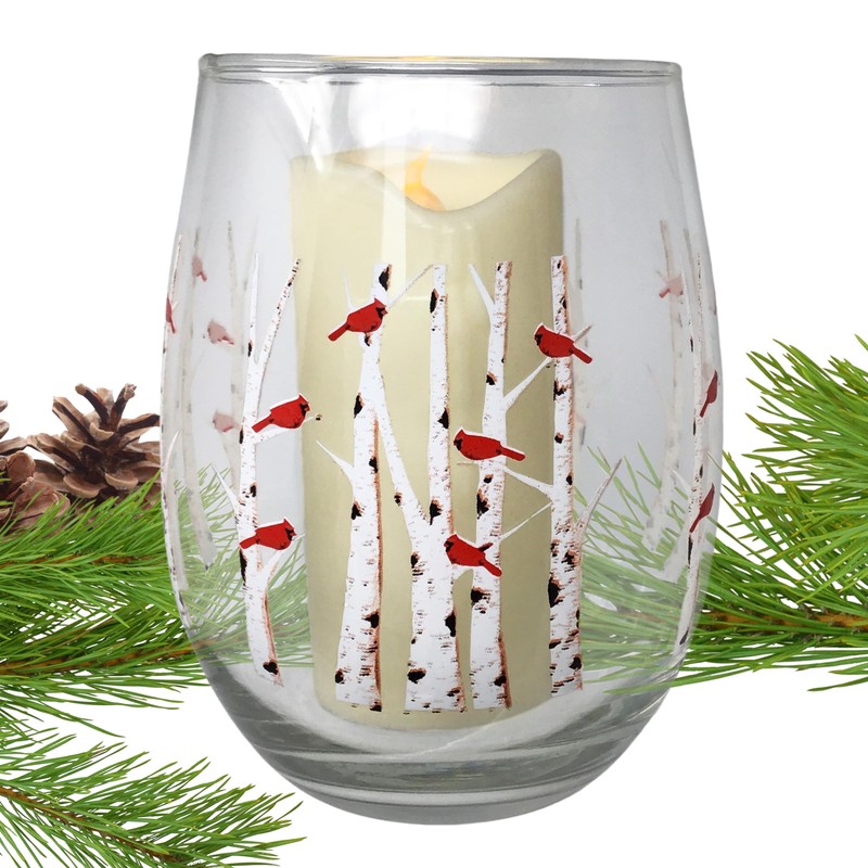 Stemless Wine Glass Candleholder - Cardinal Design with Lighted Candle,