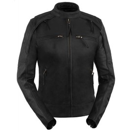 True Element Womens Scooter Collar Leather Motorcycle Jacket With Reflective Piping (Black, Size 2XL)