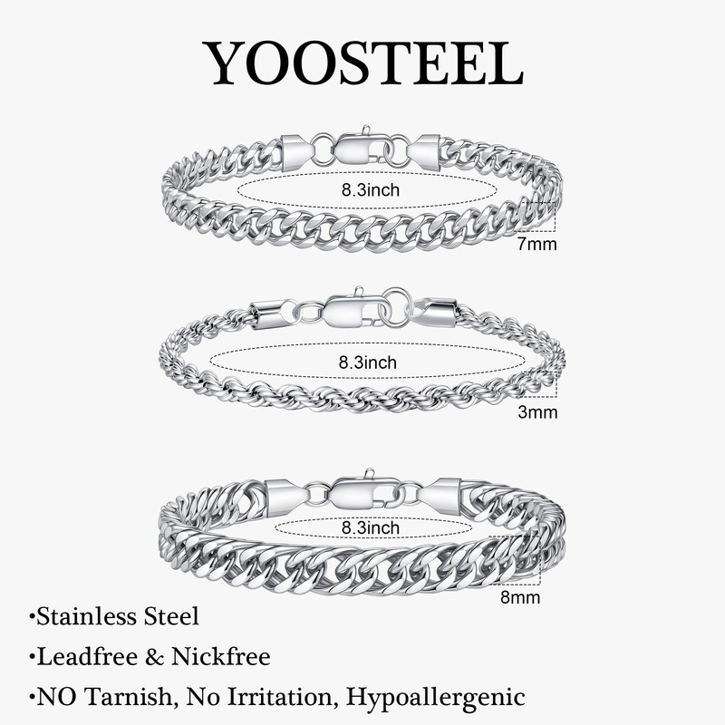 Yoosteel Silver Stackable Bracelets Stack for Men Non Tarnish