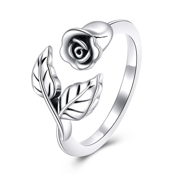 VONALA Rose Flower Ring 925 Sterling Silver Adjustable Open Jewelry