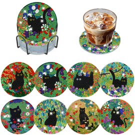 DOMROM 8 Pcs Diamond Painting Coasters Kits with Holder, Black Cat Diamond Art Coasters for Adults Beginners 5D DIY Diamond Coasters, Flowers Diamond Art Painting Kits Craft Supplies