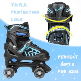 Kids Roller Skates for Boys Adjustable Roller Skates for Men Women Girls with 8 Wheels Lighting for Indoor Outdoor Quad Skates (Black&Blue, Large - Youth/Adult)