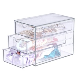 Hipiwe Hair Accessories Box Clear Desk Organizer Box with 3 Drawers