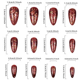RUOKEXIN Almond Press on Nails Medium Fake Nails Red Glitter False Nails with Designs Full Cover Glue on Nails Sparkly Artificial Nails Cute Stick on Nails for Women 24Pcs