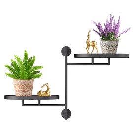 YQSLYSF WIndow Rotating Plant Stand Shelf Indoor Black Metal Floating Shelves 2-Tier Wall Mount Plant Holders for Living Room Wall Planter Modern Home Decor for Gardening
